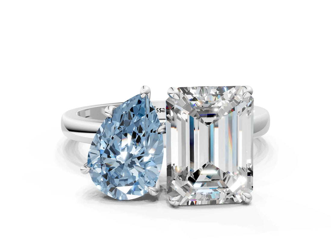 White gold Fancy Blue Pear  and Emerald Cut Toi Moi Ring with Prong Setting_62