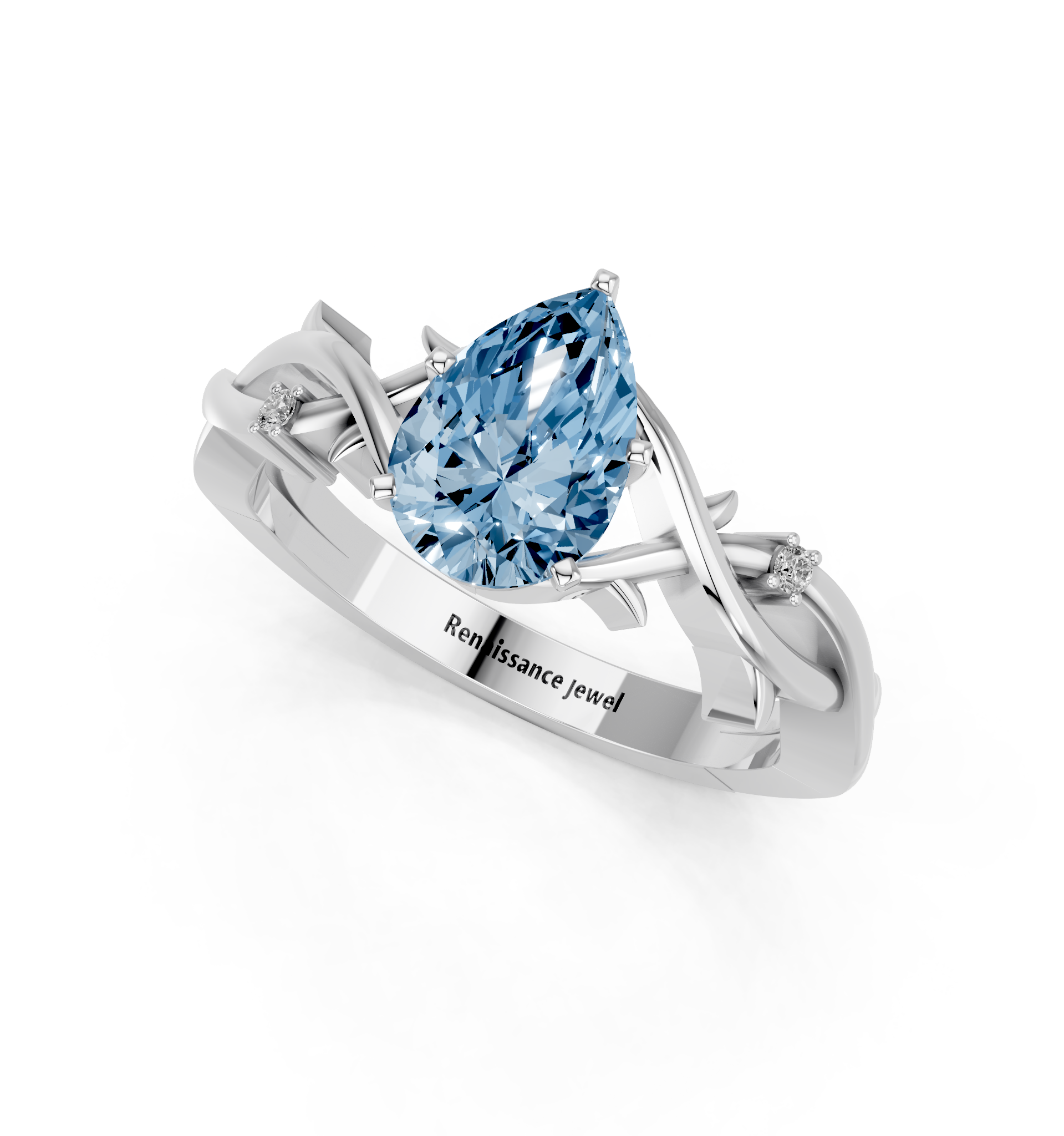 White gold Fancy Blue Pear cut Solitaire Twisted Band Prong Setting Ring_7