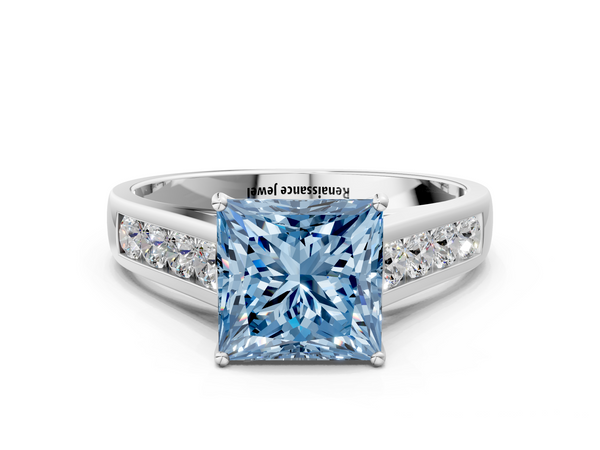 Platinum Fancy Blue Princess  Brilliant Channel-Set Solitaire Ring with Four-Prong Setting