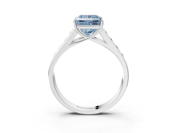 Platinum Fancy Blue Princess  Brilliant Channel-Set Solitaire Ring with Four-Prong Setting