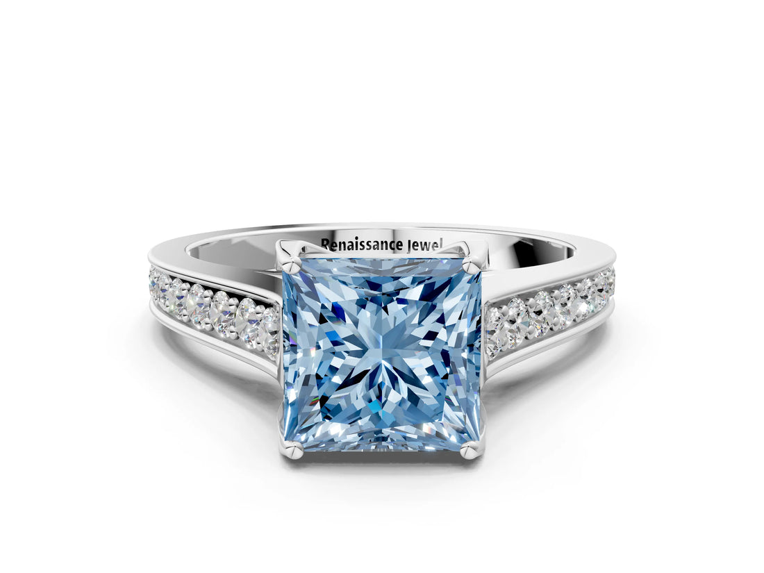White gold Fancy Blue Princess  Brilliant Cut Diamond Engagement Ring with Pavé Band and Four-Prong Setting_46