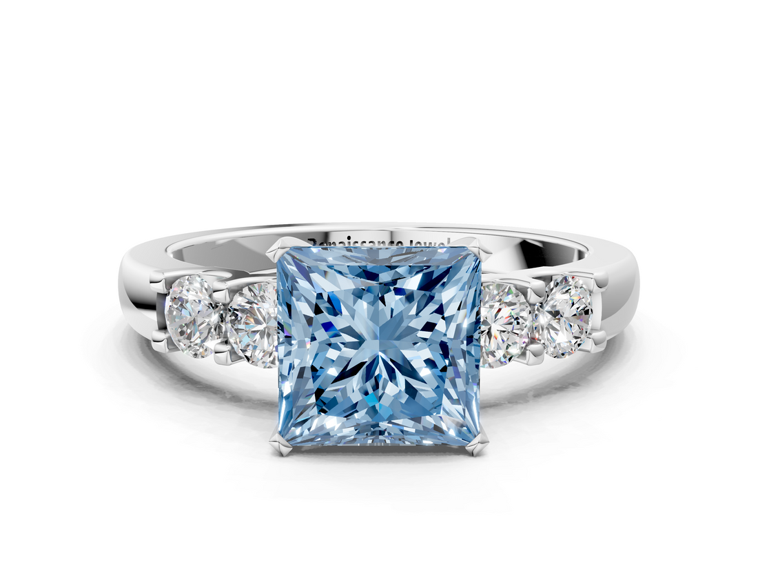White gold Fancy Blue Princess  Brilliant Cut Diamond Five-Stone Prong Set Engagement Ring with Channel Band_25