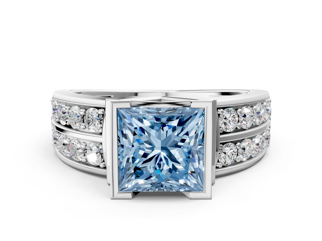 White gold Fancy Blue Princess  Brilliant Diamond Channel Set Wide Band Ring with Bezel Setting_20