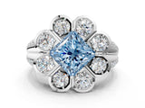 White gold Fancy Blue Princess  Brilliant Flower Halo Diamond Split Shank Ring_75