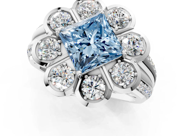 Platinum Fancy Blue Princess  Brilliant Flower Halo Diamond Split Shank Ring