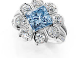 White gold Fancy Blue Princess  Brilliant Flower Halo Diamond Split Shank Ring_76