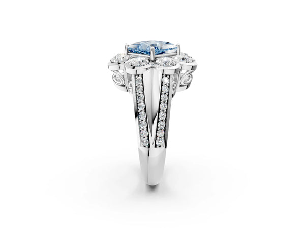 Platinum Fancy Blue Princess  Brilliant Flower Halo Diamond Split Shank Ring