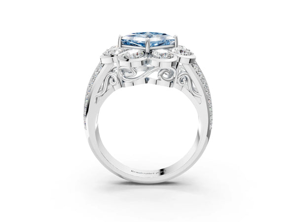 Platinum Fancy Blue Princess  Brilliant Flower Halo Diamond Split Shank Ring