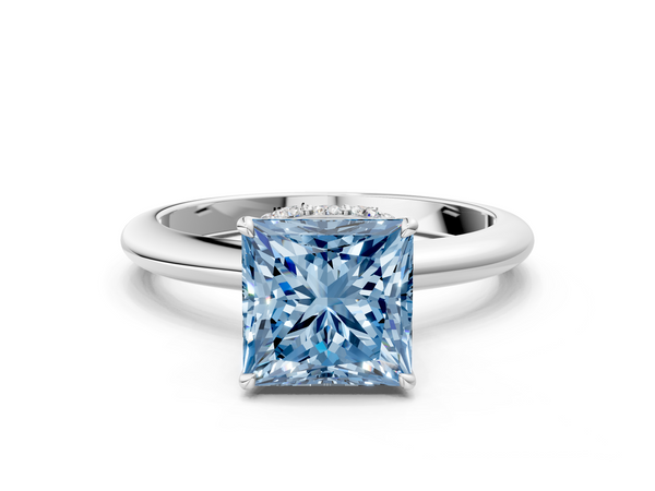 White Gold Princess Cut Hidden Halo Solitaire Engagement Ring Setting for Fancy Blue Center with Slim Plain Band