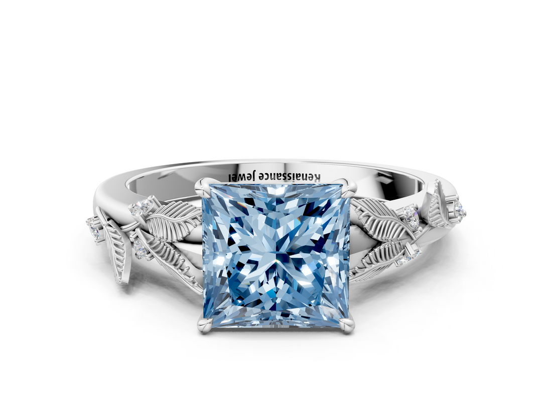 White gold Fancy Blue Princess  Brilliant Solitaire with Leaf Motif Band and Four-Prong Setting_62