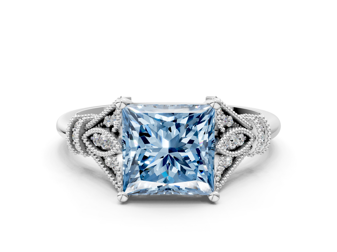 White gold Fancy Blue Princess  Brilliant Solitaire with Pave Band and Four-Prong Setting_20