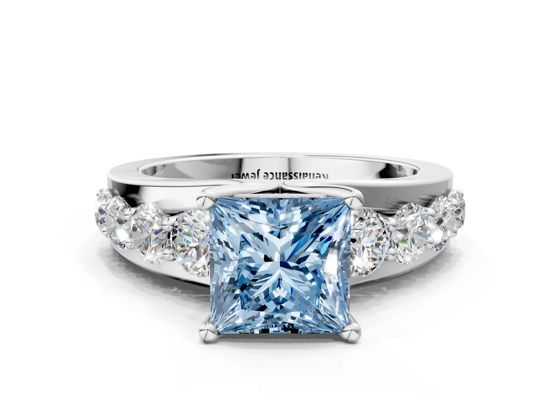 White gold Fancy Blue Princess  Brilliant Solitaire with Side Stones on a Pave Band and Four-Prong Setting_62