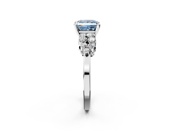 White gold Fancy Blue Princess  Cluster Diamond Engagement Ring with Pavé Band and Four-Prong Setting