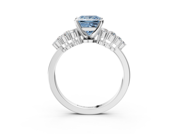 White gold Fancy Blue Princess  Cluster Diamond Engagement Ring with Pavé Band and Four-Prong Setting