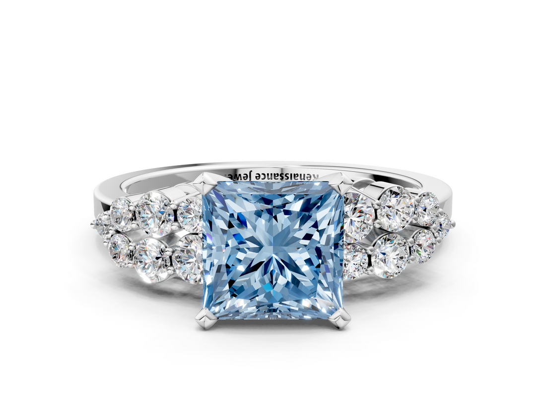 White gold Fancy Blue Princess  Cluster Diamond Engagement Ring with Pavé Band and Four-Prong Setting_62