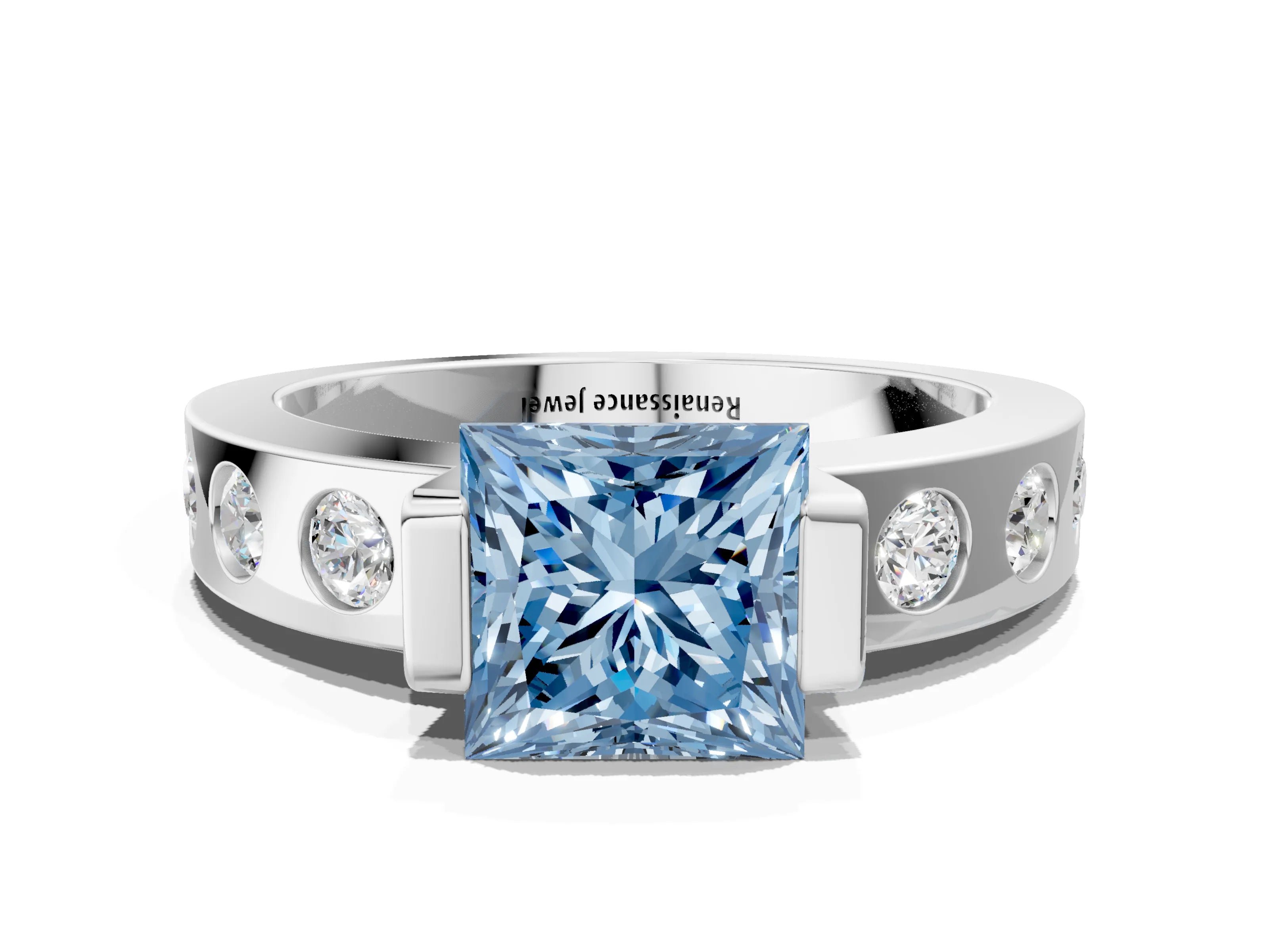 White gold Fancy Blue Princess Cut Brilliant Channel-Set Diamond Ring with Bezel Prong Setting