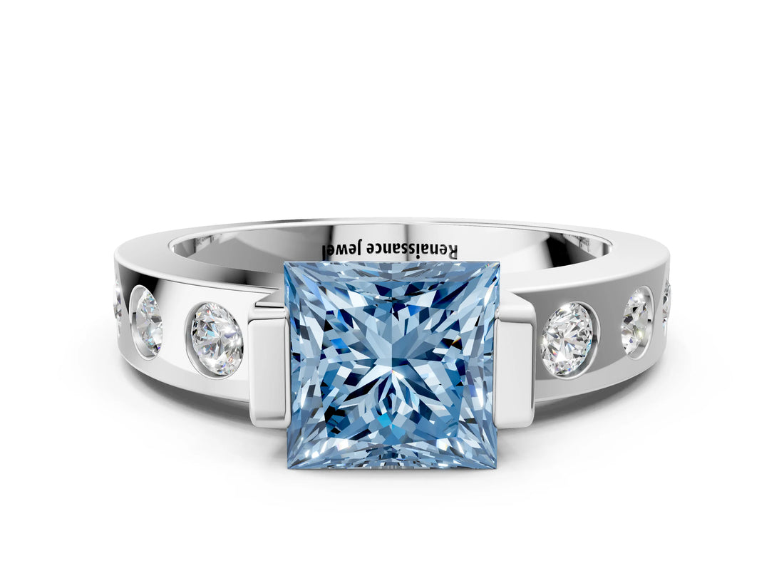 White gold Fancy Blue Princess Cut Brilliant Channel-Set Diamond Ring with Bezel Prong Setting_12