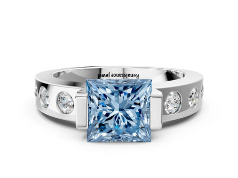 White gold Fancy Blue Princess Cut Brilliant Channel-Set Diamond Ring with Bezel Prong Setting_12
