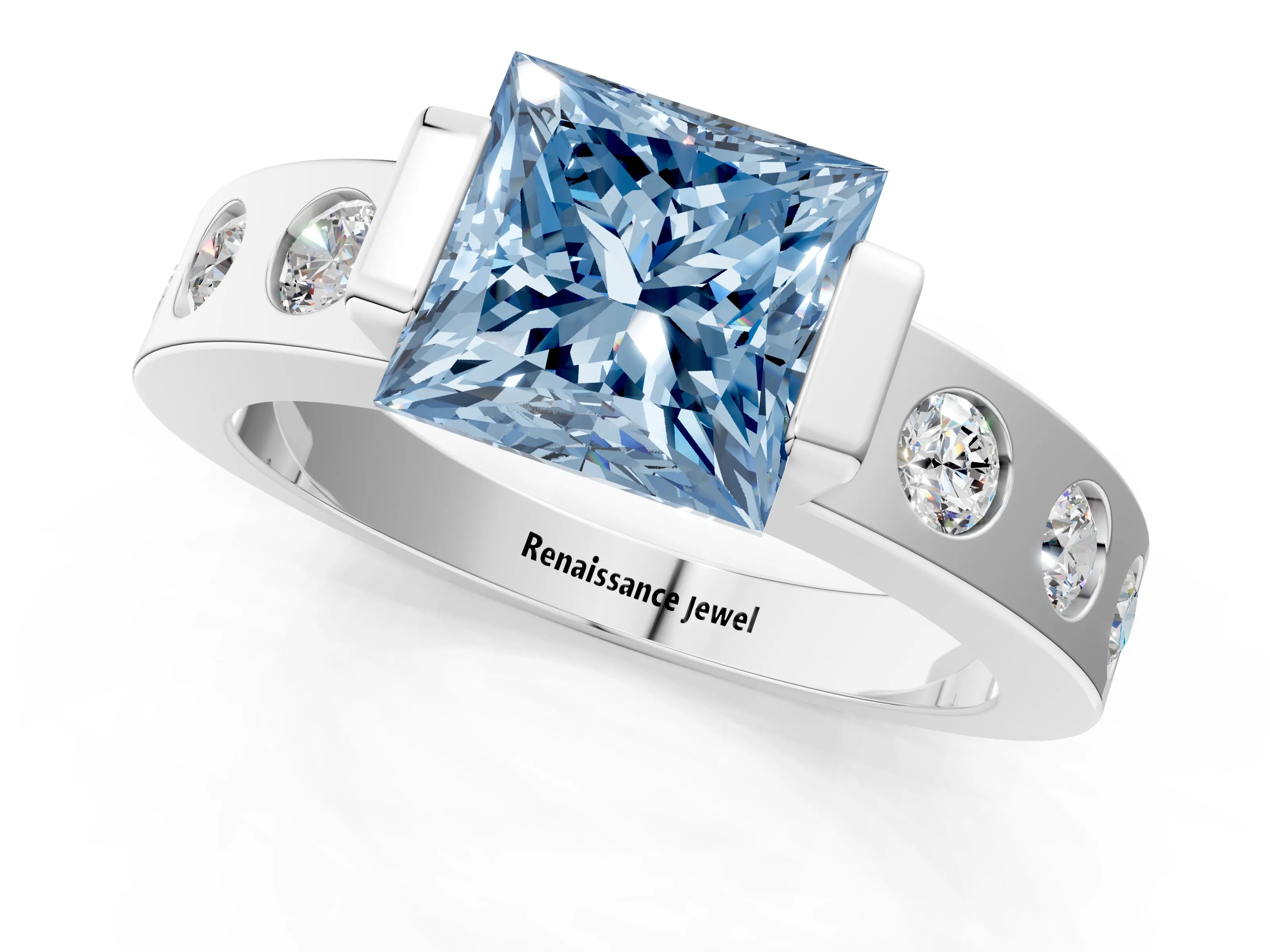 White gold Fancy Blue Princess Cut Brilliant Channel-Set Diamond Ring with Bezel Prong Setting_13