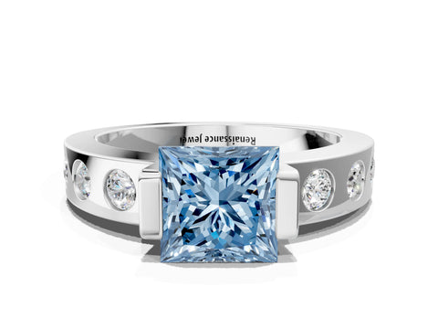 White gold Fancy Blue Princess Cut Brilliant Channel-Set Diamond Ring with Bezel Prong Setting