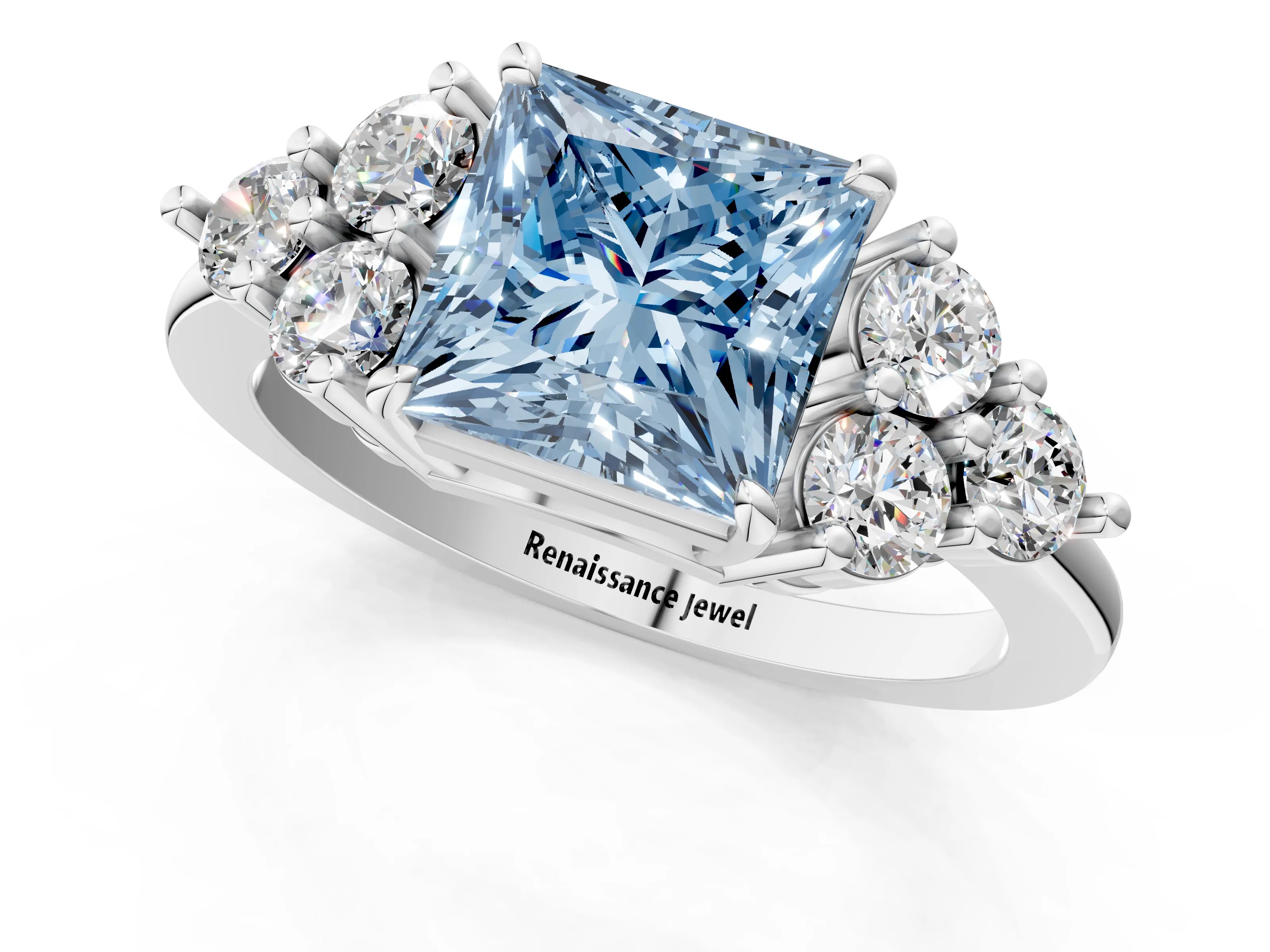 White gold Fancy Blue Princess Cut Brilliant Diamond Cluster Accent Solitaire Ring with Prong Setting_1