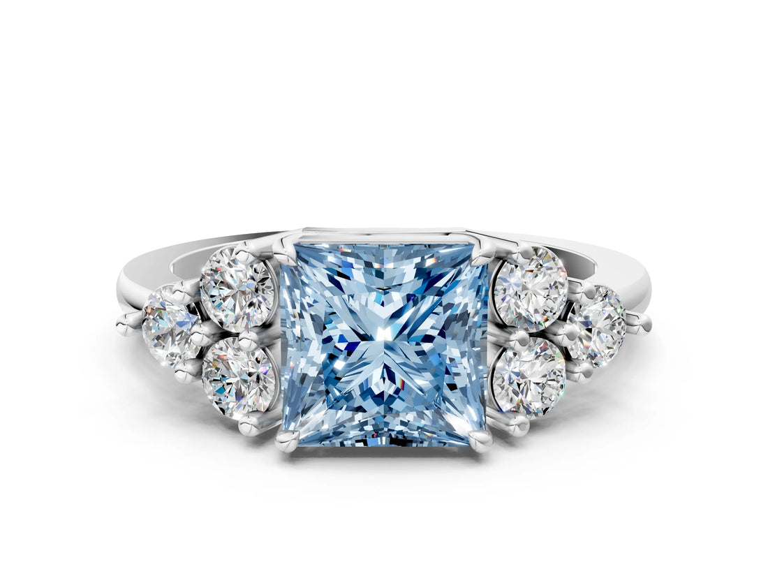 White gold Fancy Blue Princess Cut Brilliant Diamond Cluster Accent Solitaire Ring with Prong Setting_24