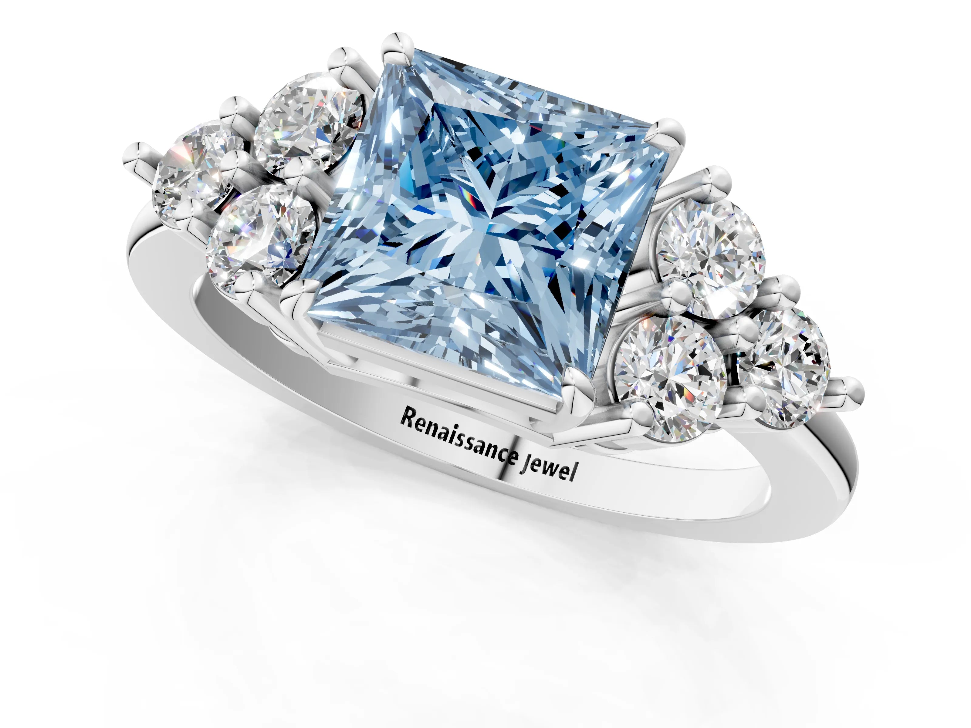 White gold Fancy Blue Princess Cut Brilliant Diamond Cluster Accent Solitaire Ring with Prong Setting_25