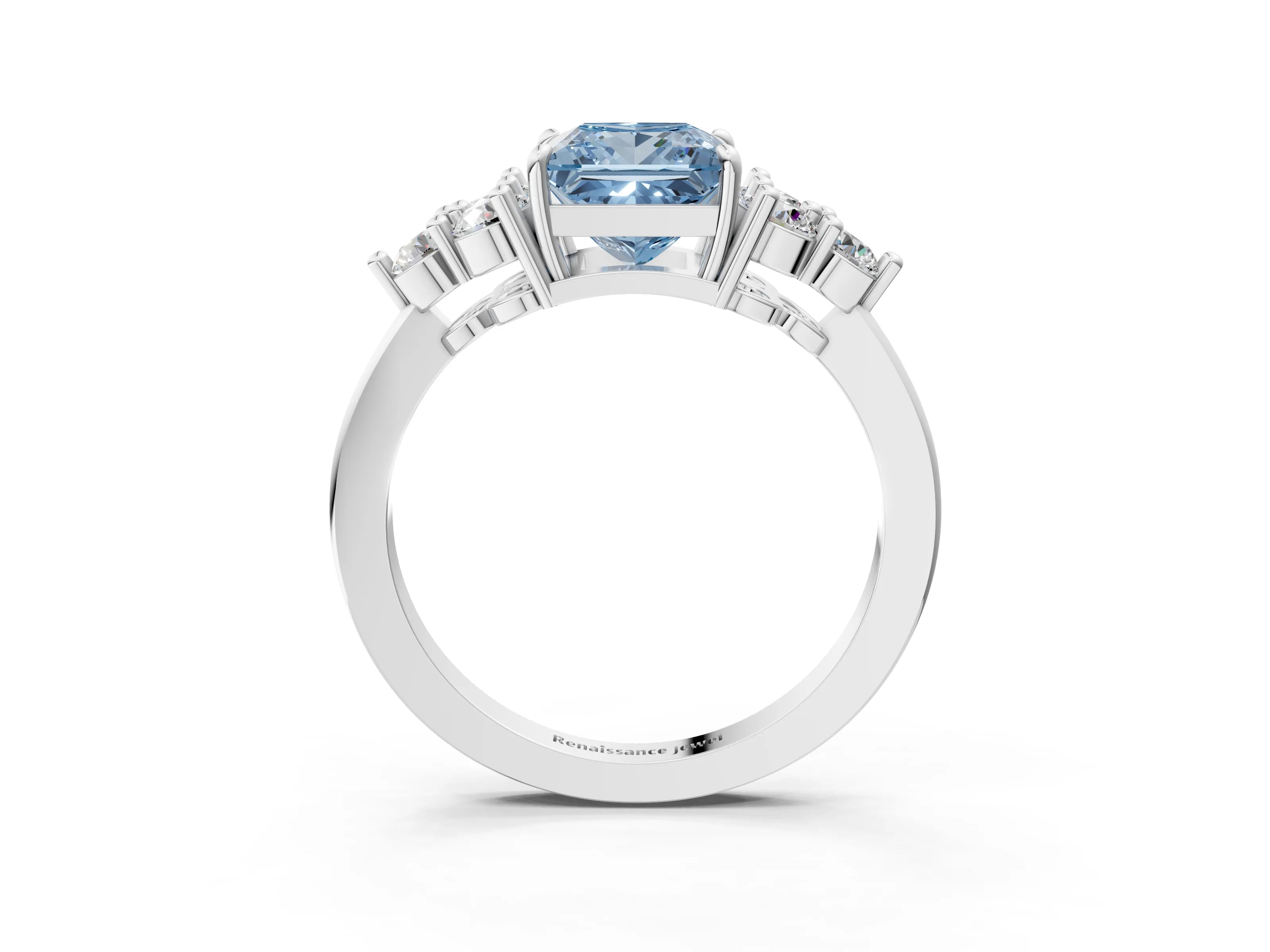 White gold Fancy Blue Princess Cut Brilliant Diamond Cluster Accent Solitaire Ring with Prong Setting_27