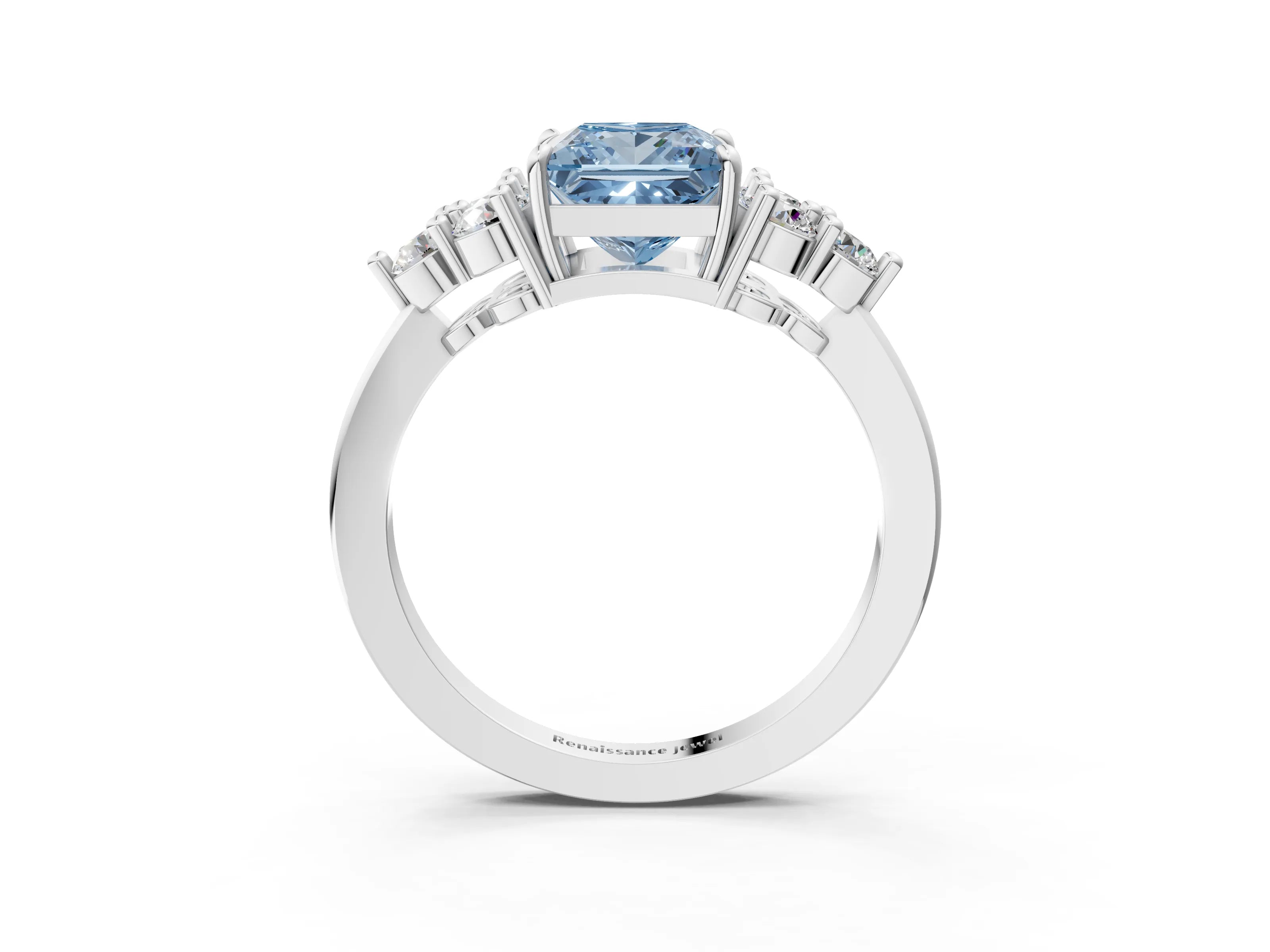White gold Fancy Blue Princess Cut Brilliant Diamond Cluster Accent Solitaire Ring with Prong Setting_3