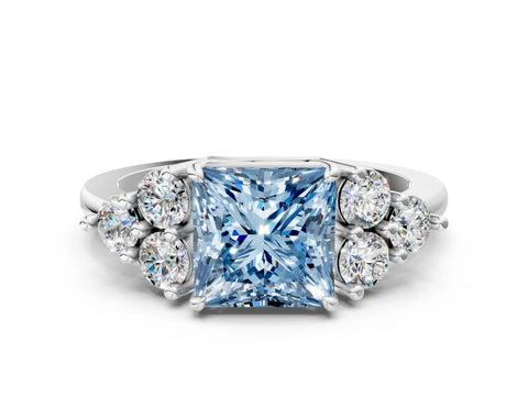 White gold Fancy Blue Princess Cut Brilliant Diamond Cluster Accent Solitaire Ring with Prong Setting