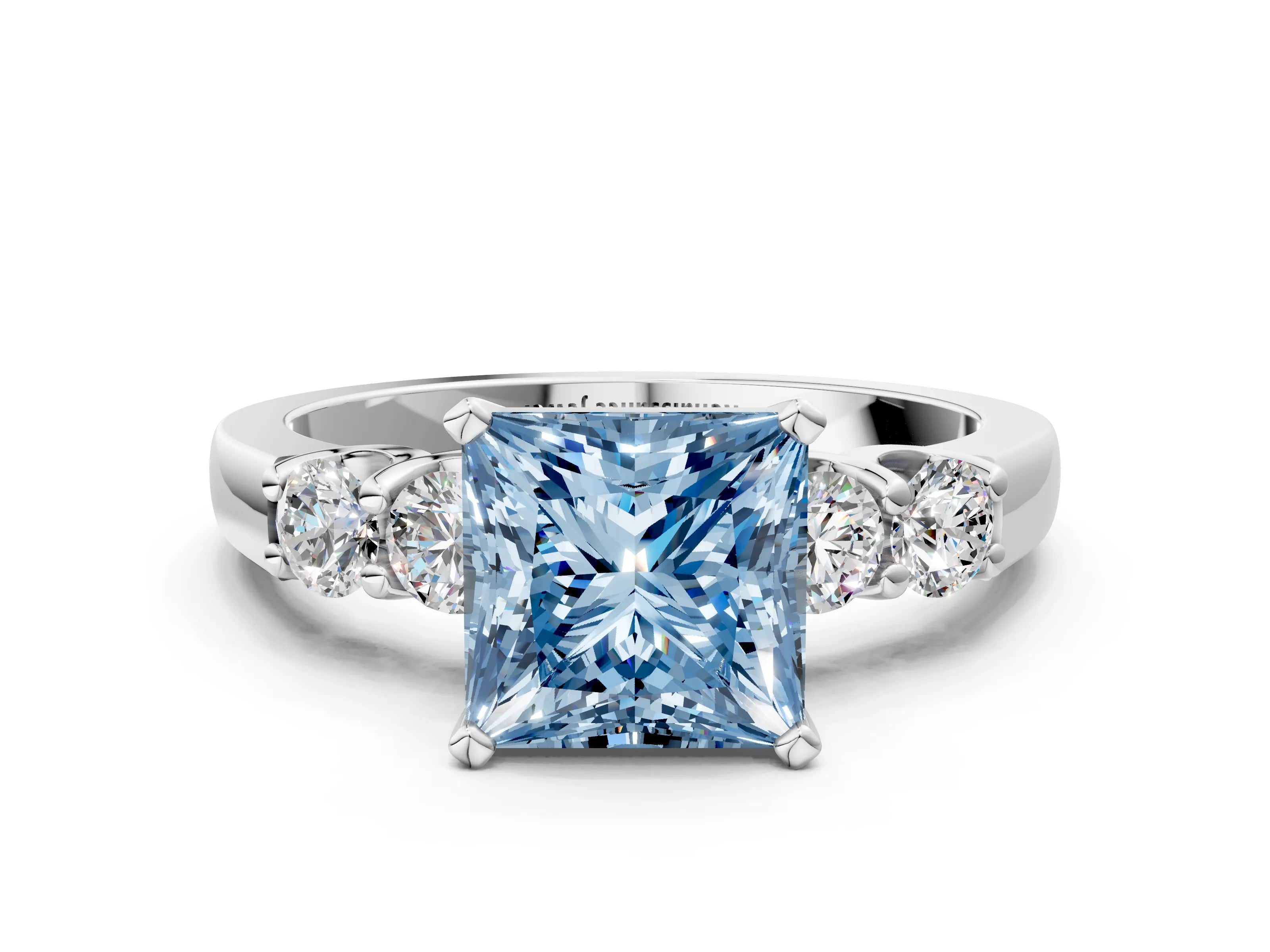 White gold Fancy Blue Princess Cut Brilliant Diamond Five-Stone Engagement Ring with Prong Setting on a Classic Band_3