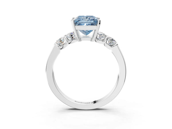 Platinum Fancy Blue Princess Cut Brilliant Diamond Five-Stone Engagement Ring with Prong Setting on a Classic Band