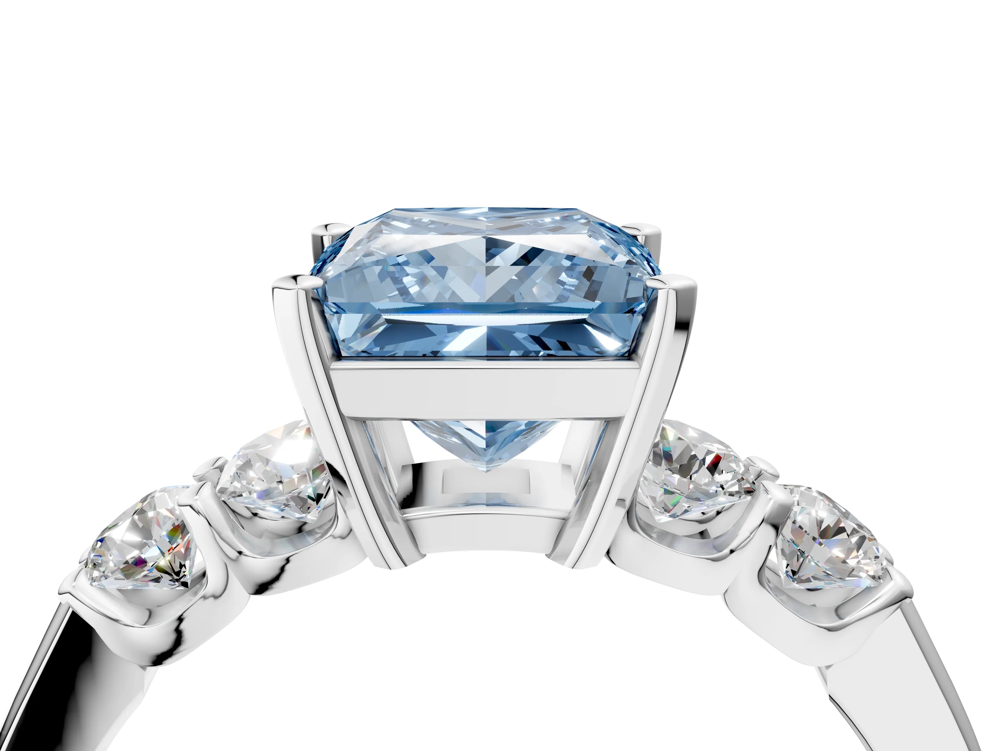 White gold Fancy Blue Princess Cut Brilliant Diamond Five-Stone Engagement Ring with Prong Setting on a Classic Band_7