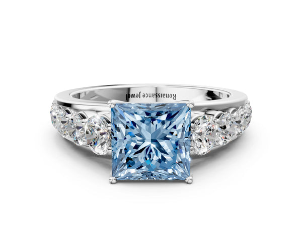 White gold Fancy Blue Princess Cut Brilliant Diamond Pavé Band with Six-Prong Setting