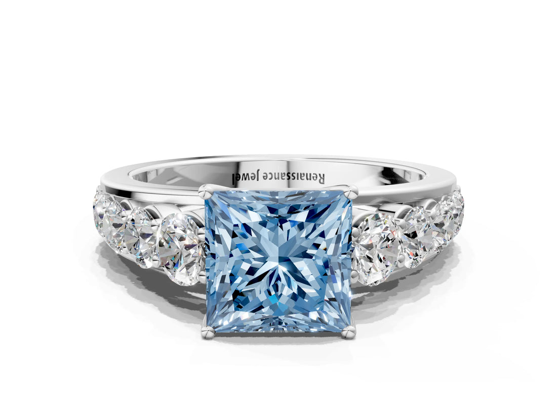 White gold Fancy Blue Princess Cut Brilliant Diamond Pavé Band with Six-Prong Setting_12
