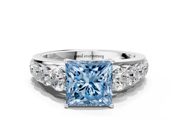 White gold Fancy Blue Princess Cut Brilliant Diamond Pavé Band with Six-Prong Setting