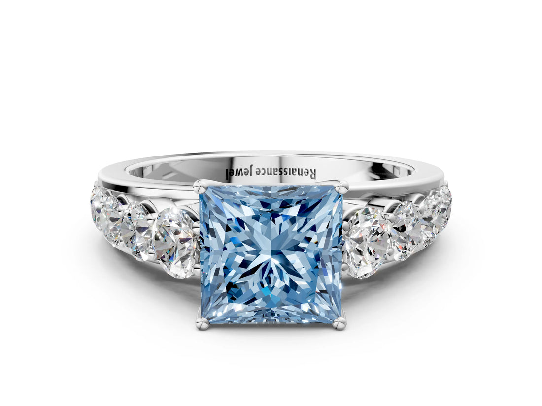 White gold Fancy Blue Princess Cut Brilliant Diamond Pavé Band with Six-Prong Setting_12