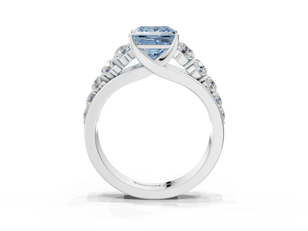 White gold Fancy Blue Princess Cut Brilliant Diamond Pavé Band with Six-Prong Setting