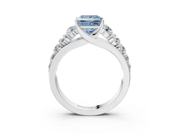 White gold Fancy Blue Princess Cut Brilliant Diamond Pavé Band with Six-Prong Setting