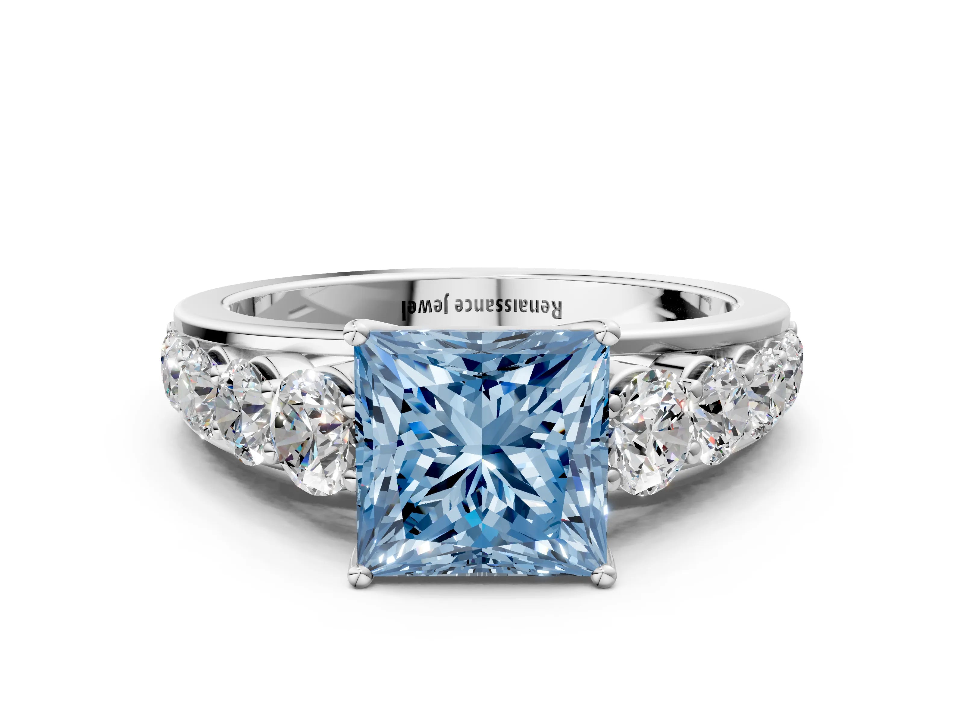White gold Fancy Blue Princess Cut Brilliant Diamond Pavé Band with Six-Prong Setting