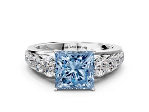 White gold Fancy Blue Princess Cut Brilliant Diamond Pavé Band with Six-Prong Setting