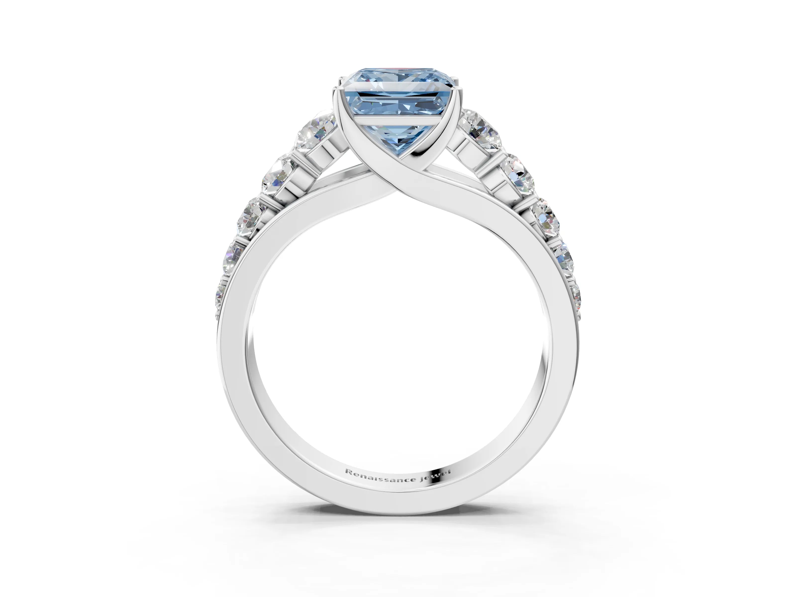 White gold Fancy Blue Princess Cut Brilliant Diamond Pavé Band with Six-Prong Setting_3