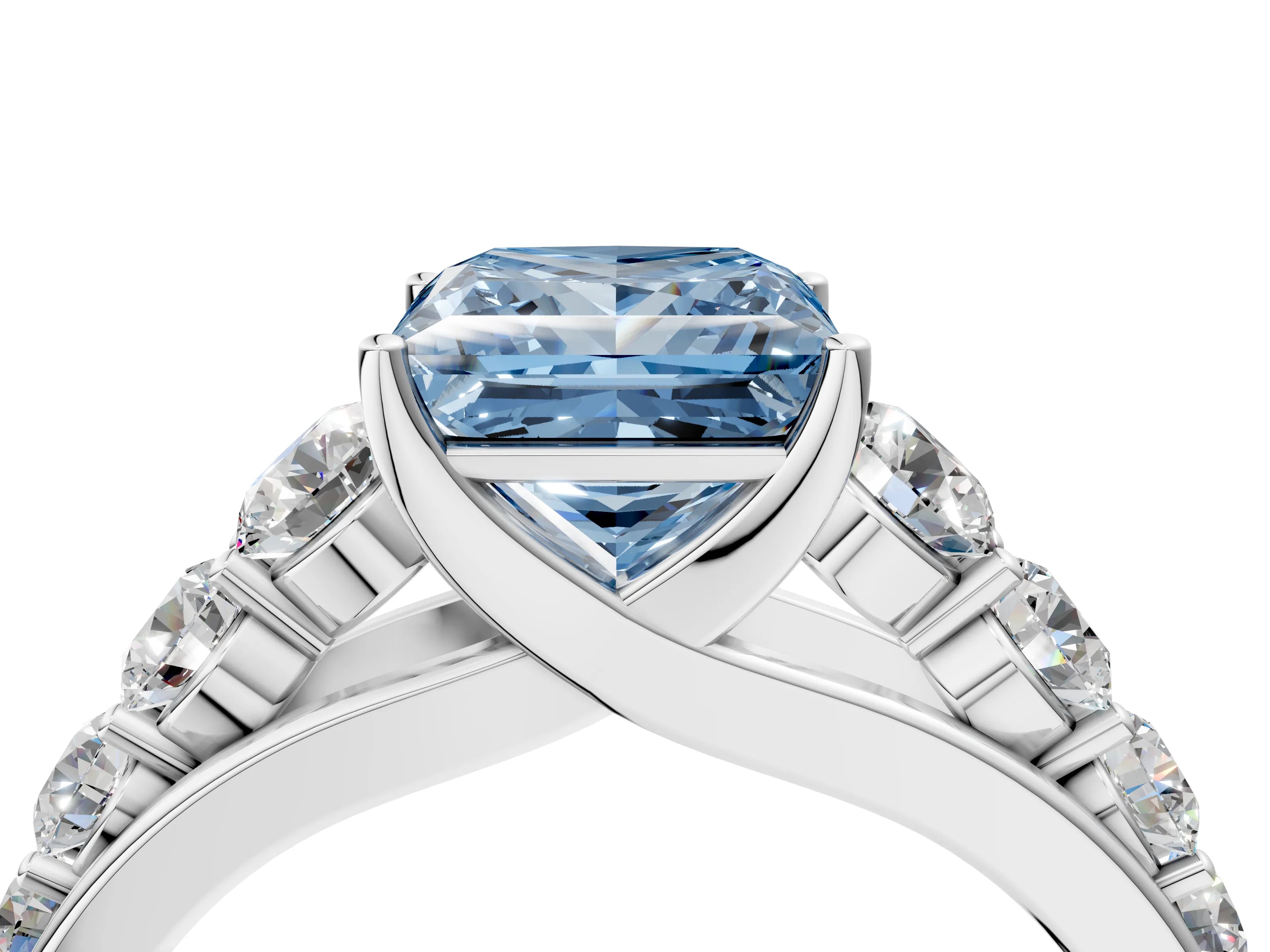 White gold Fancy Blue Princess Cut Brilliant Diamond Pavé Band with Six-Prong Setting_4