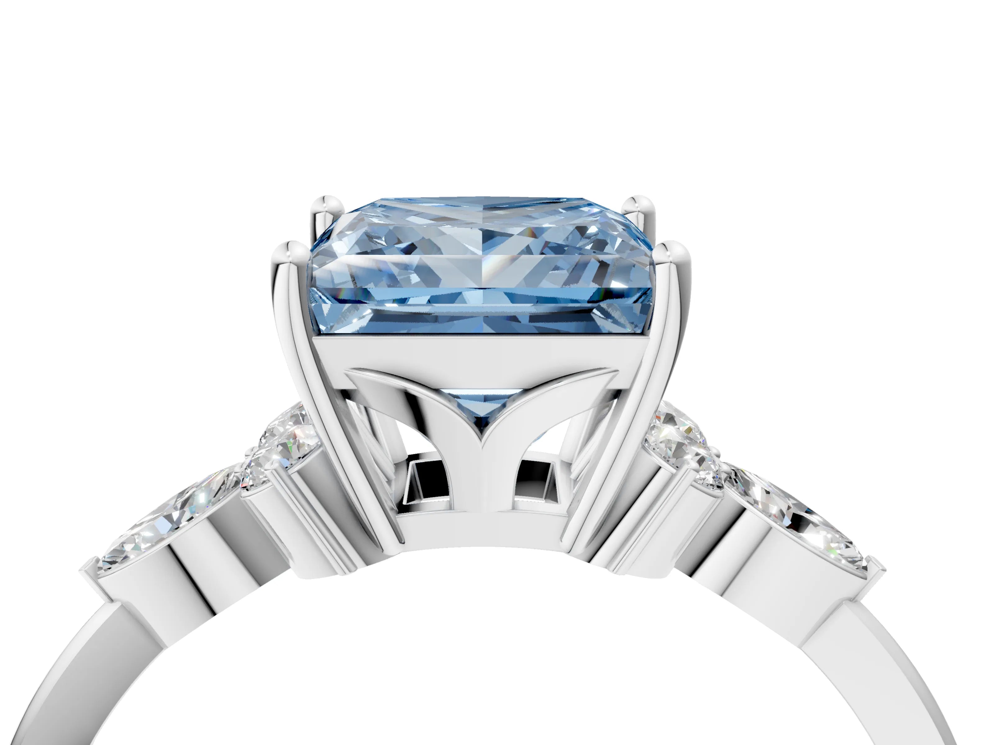 White gold Fancy Blue Princess Cut Brilliant Diamond Solitaire Ring with Pear Side Stones and Four-Prong Setting_10