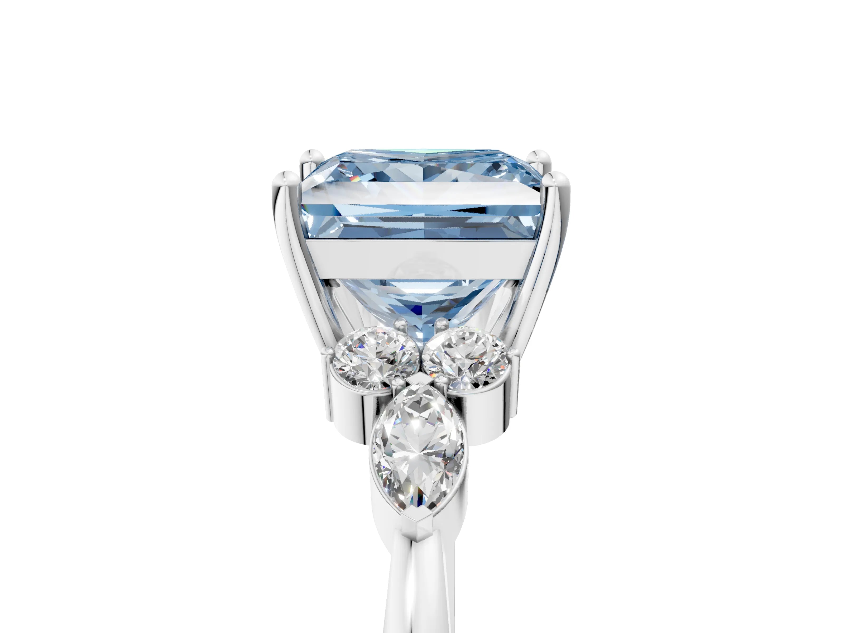 White gold Fancy Blue Princess Cut Brilliant Diamond Solitaire Ring with Pear Side Stones and Four-Prong Setting_11