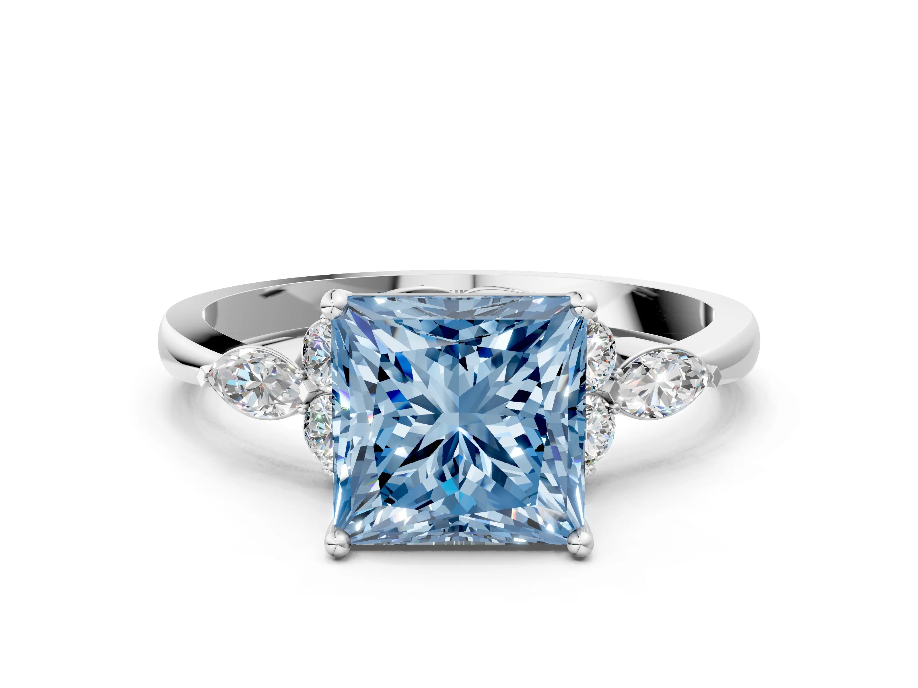 White gold Fancy Blue Princess Cut Brilliant Diamond Solitaire Ring with Pear Side Stones and Four-Prong Setting_6