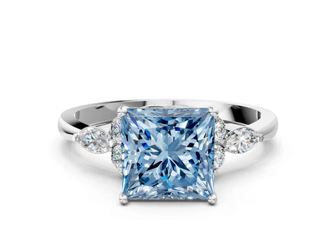 White gold Fancy Blue Princess Cut Brilliant Diamond Solitaire Ring with Pear Side Stones and Four-Prong Setting_6