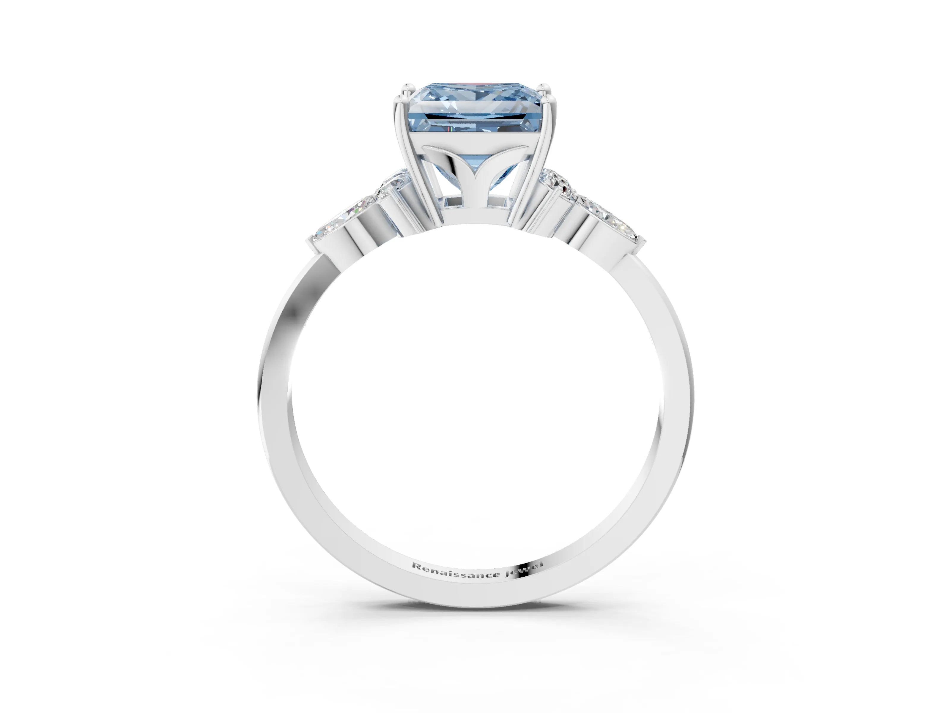 White gold Fancy Blue Princess Cut Brilliant Diamond Solitaire Ring with Pear Side Stones and Four-Prong Setting_9