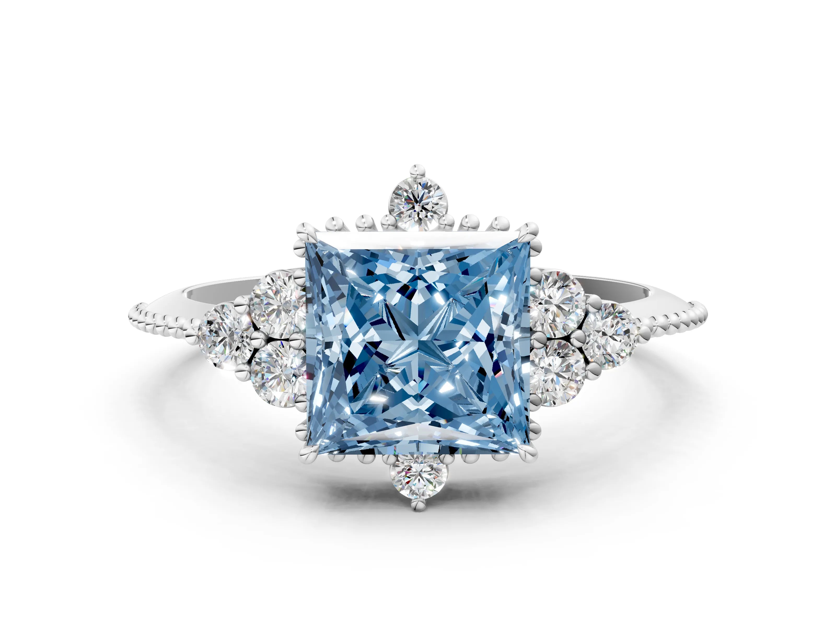 White gold Fancy Blue Princess Cut Brilliant Diamond with Cluster Setting on a Beaded Band and Four-Prong Setting