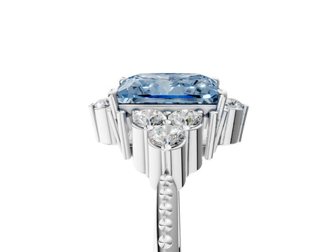 White gold Fancy Blue Princess Cut Brilliant Diamond with Cluster Setting on a Beaded Band and Four-Prong Setting_11